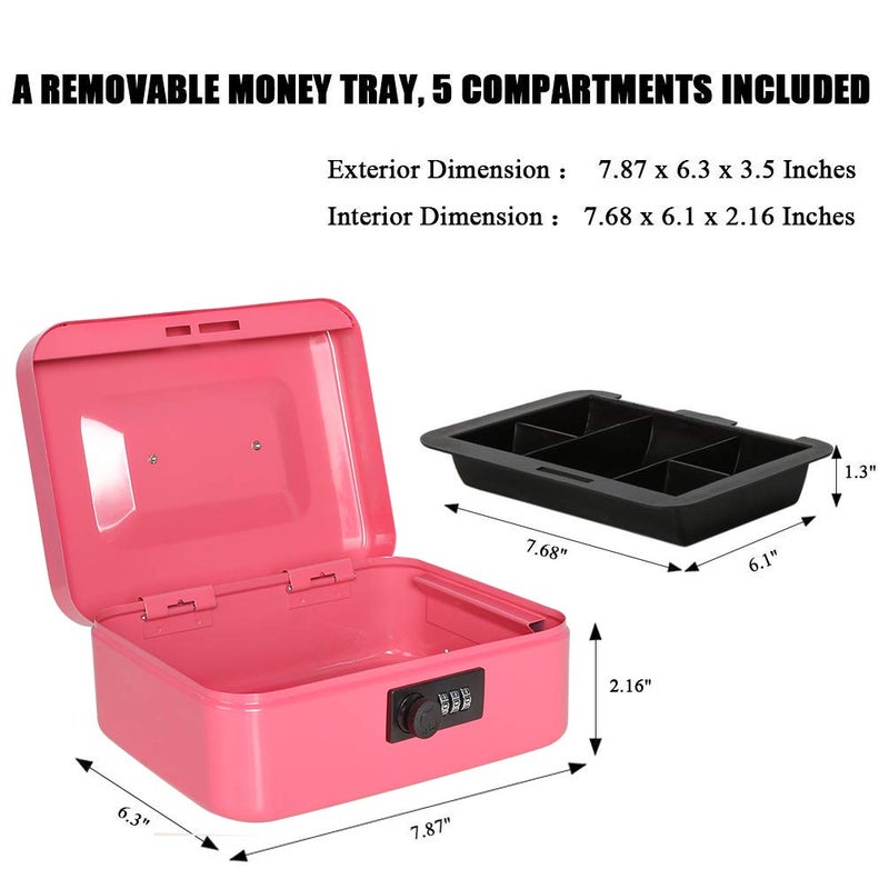 Jssmst Medium Cash Box with Combination Lock - Durable Metal Cash Box with Money Tray Pink,7.87 x 6.3 x 3.35 inches,CB0704M - Image 4